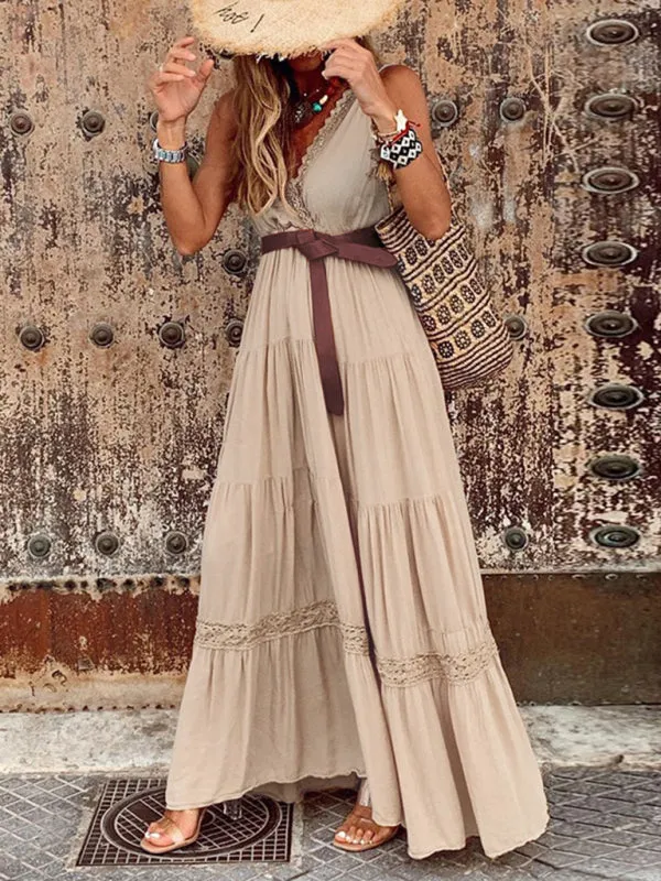 High Waist Maxi Dress with V-Neck and Tiered Skirt
