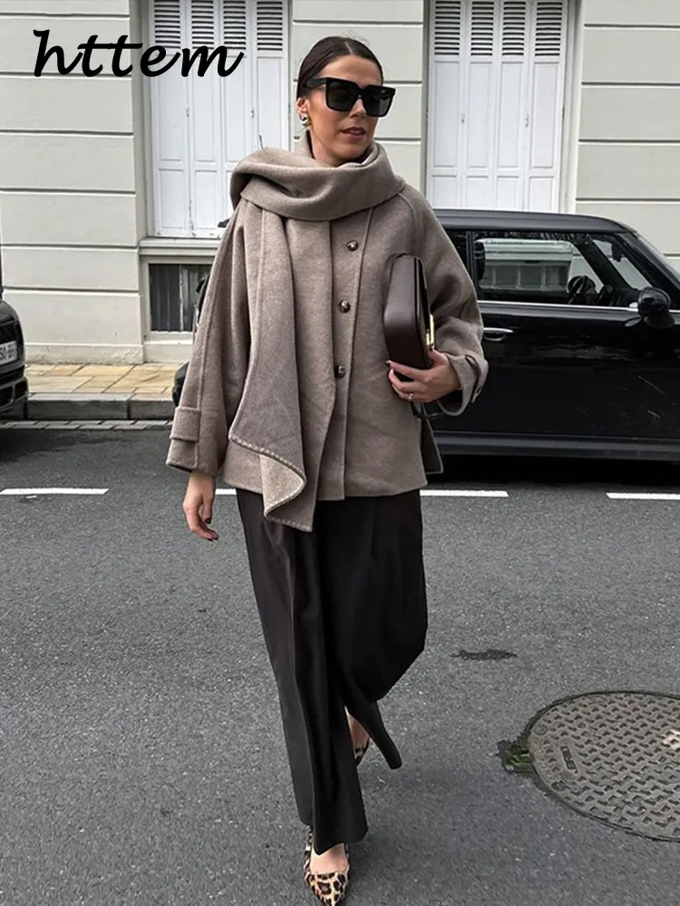 JazzHer Fashion Short Woolen Coats With Scarf Women Loose O-neck Single Breasted Side Slit Jacket 2024 Autumn Winter Lady Office Outwear