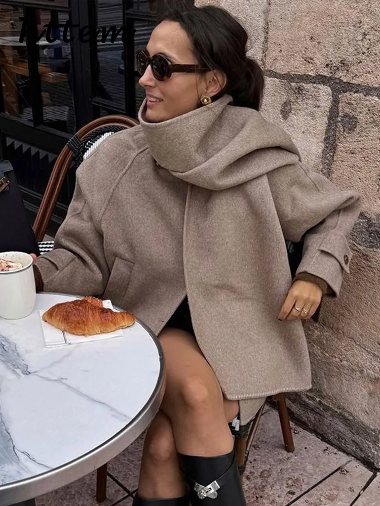 JazzHer Fashion Short Woolen Coats With Scarf Women Loose O-neck Single Breasted Side Slit Jacket 2024 Autumn Winter Lady Office Outwear