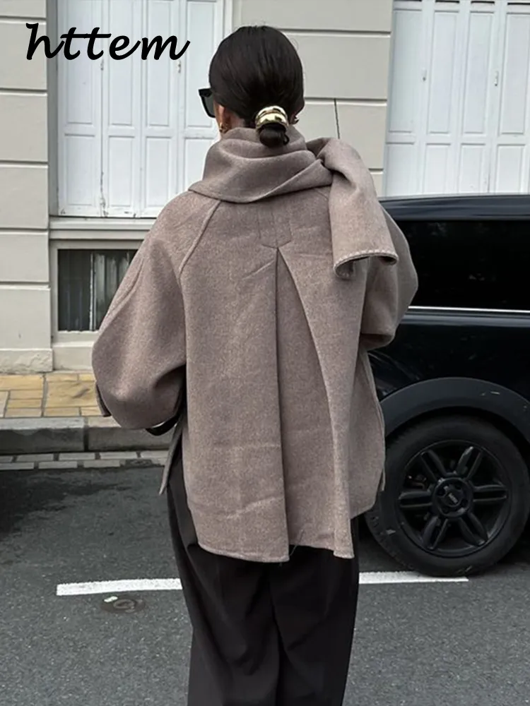 JazzHer Fashion Short Woolen Coats With Scarf Women Loose O-neck Single Breasted Side Slit Jacket 2024 Autumn Winter Lady Office Outwear