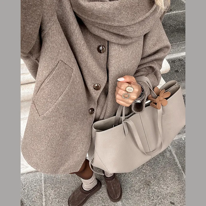 JazzHer Fashion Short Woolen Coats With Scarf Women Loose O-neck Single Breasted Side Slit Jacket 2024 Autumn Winter Lady Office Outwear