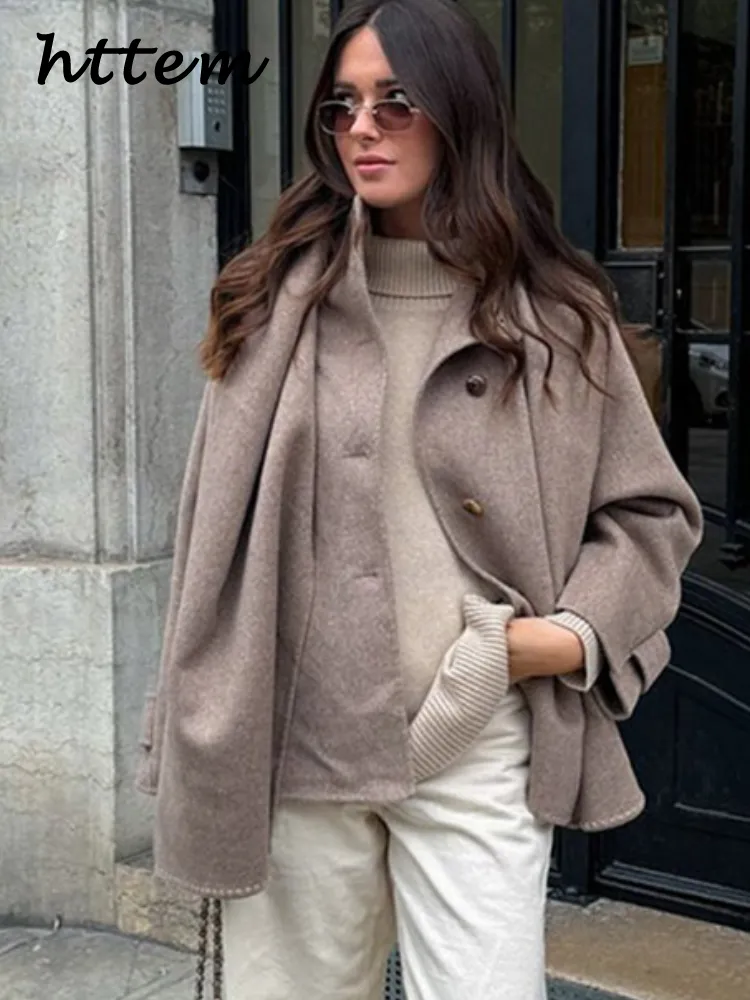 JazzHer Fashion Short Woolen Coats With Scarf Women Loose O-neck Single Breasted Side Slit Jacket 2024 Autumn Winter Lady Office Outwear
