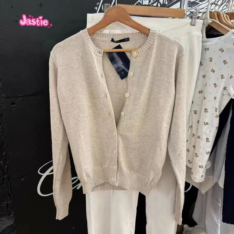 JazzHer Round Neck Solid Color Sweet Winter Sweater 2025 New Autumn Retro Women Jackets Single Breasted Basis Casual Female Coats Top