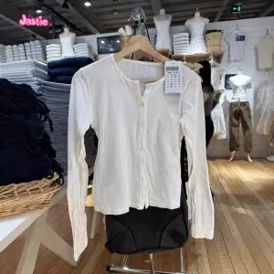 JazzHer Solid Color Simple Thin Cardigan Round Neck Hollow Out Slim Women Coat Single Breasted All-match Sweet Spring Summer Jacket New