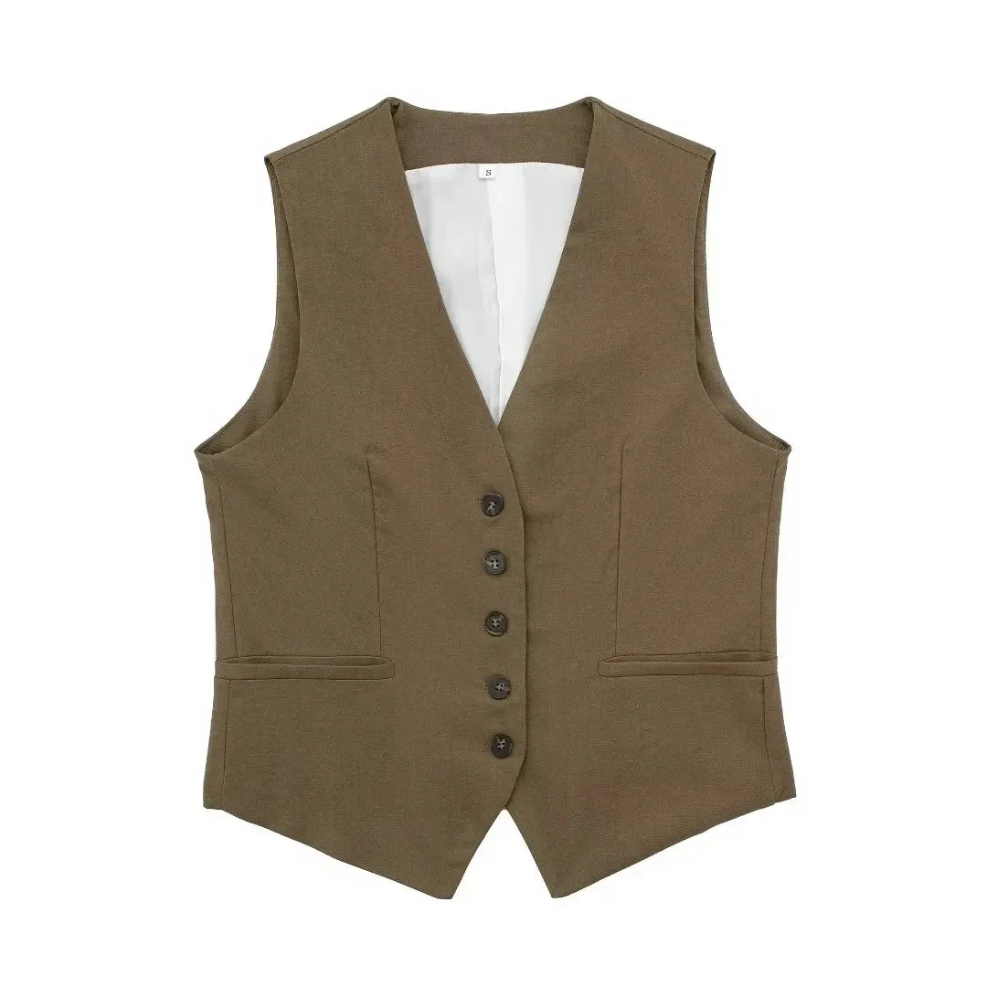 JazzHer Women Fashion Front Button Linen Waistcoat Vintage V Neck Sleeveless Female Outerwear Chic Vest Tops