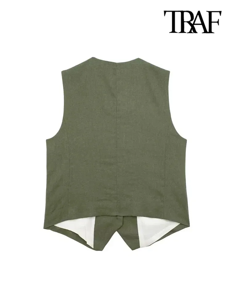 JazzHer Women Fashion Front Button Linen Waistcoat Vintage V Neck Sleeveless Female Outerwear Chic Vest Tops