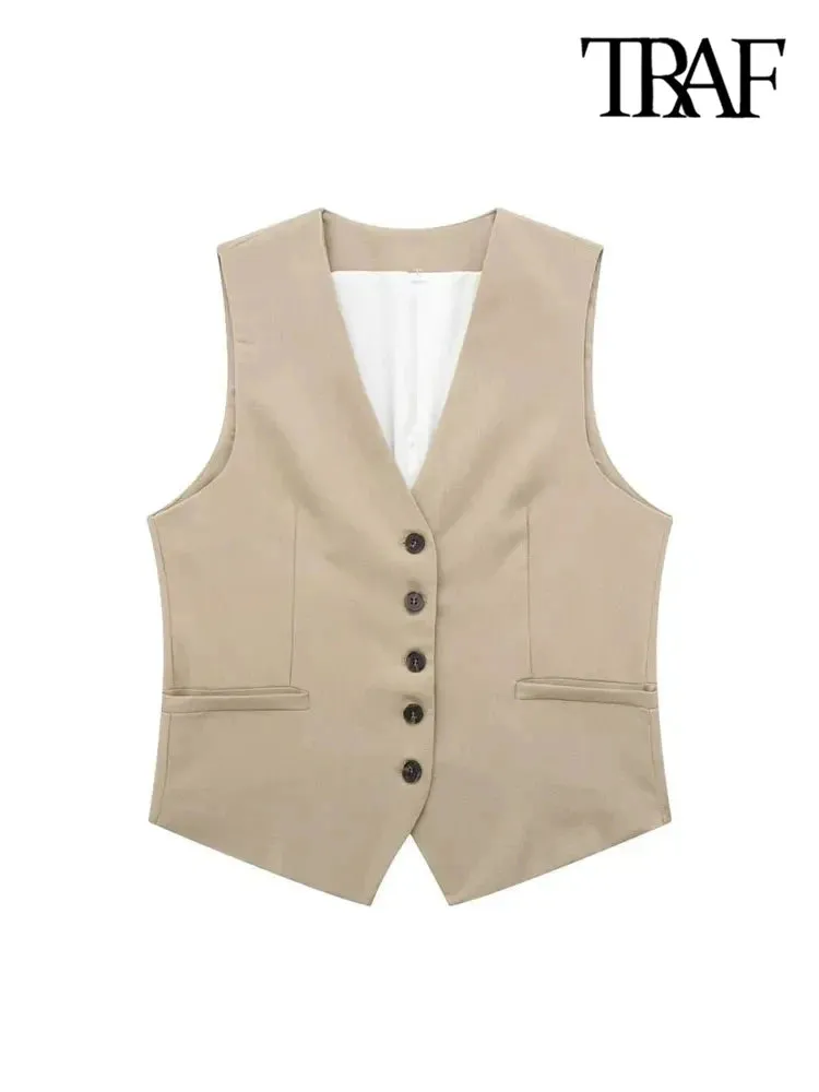 JazzHer Women Fashion Front Button Linen Waistcoat Vintage V Neck Sleeveless Female Outerwear Chic Vest Tops