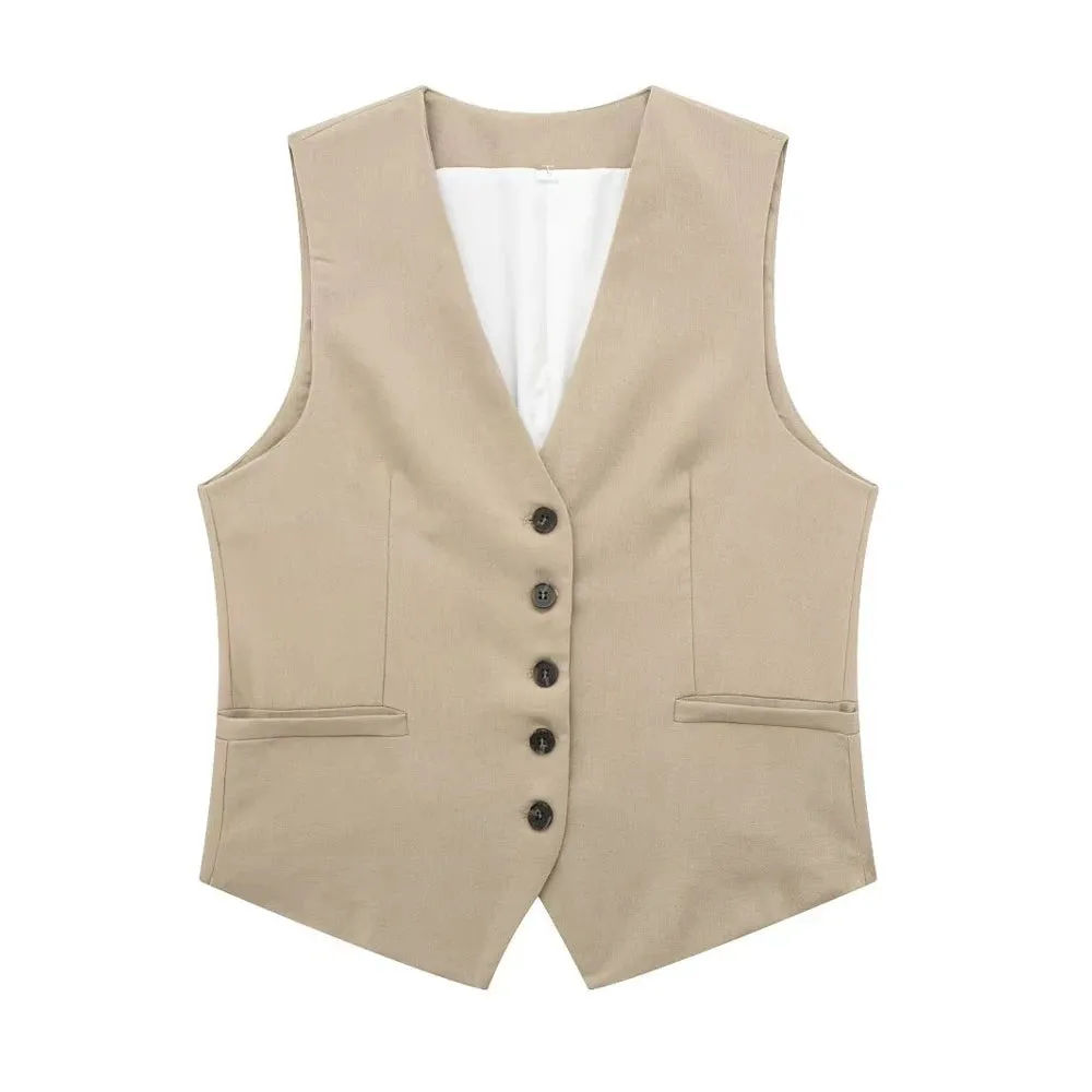 JazzHer Women Fashion Front Button Linen Waistcoat Vintage V Neck Sleeveless Female Outerwear Chic Vest Tops