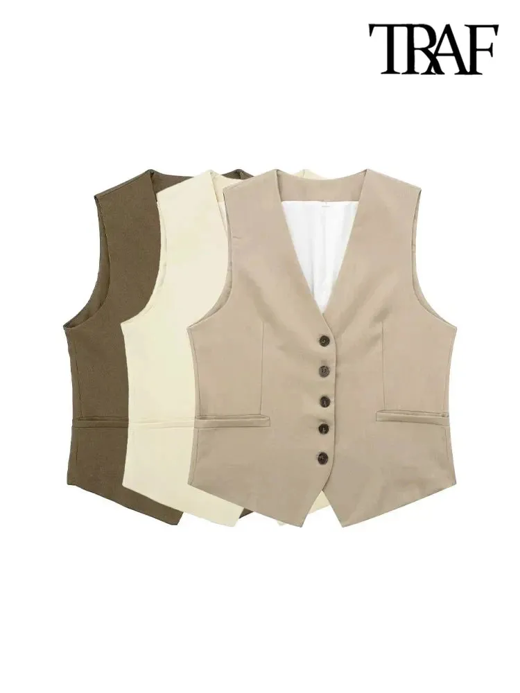 JazzHer Women Fashion Front Button Linen Waistcoat Vintage V Neck Sleeveless Female Outerwear Chic Vest Tops