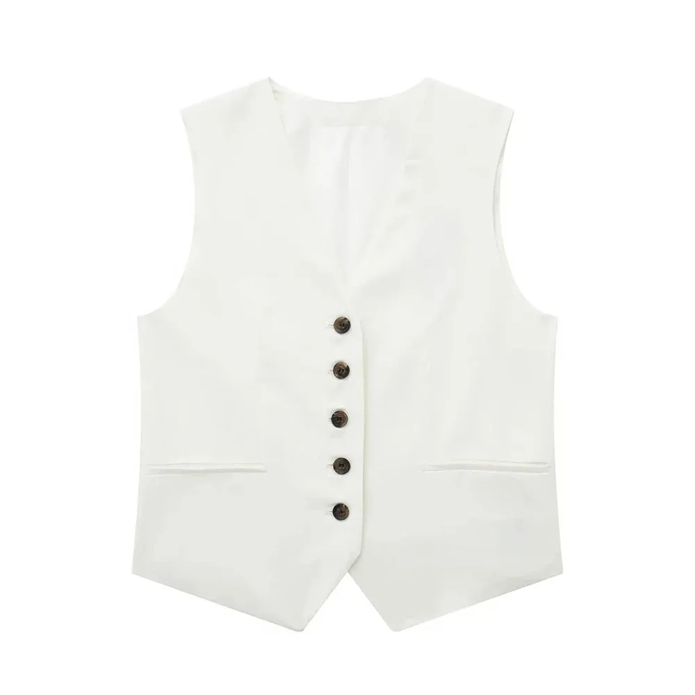 JazzHer Women Fashion Front Button Linen Waistcoat Vintage V Neck Sleeveless Female Outerwear Chic Vest Tops