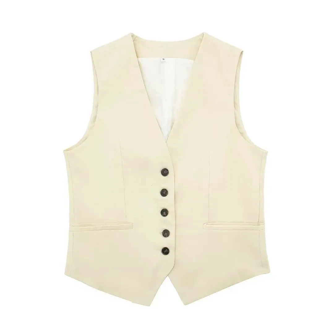 JazzHer Women Fashion Front Button Linen Waistcoat Vintage V Neck Sleeveless Female Outerwear Chic Vest Tops