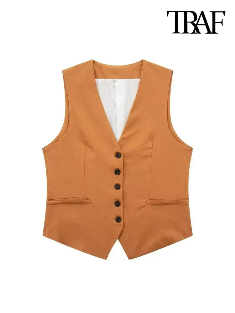 JazzHer Women Fashion Front Button Linen Waistcoat Vintage V Neck Sleeveless Female Outerwear Chic Vest Tops