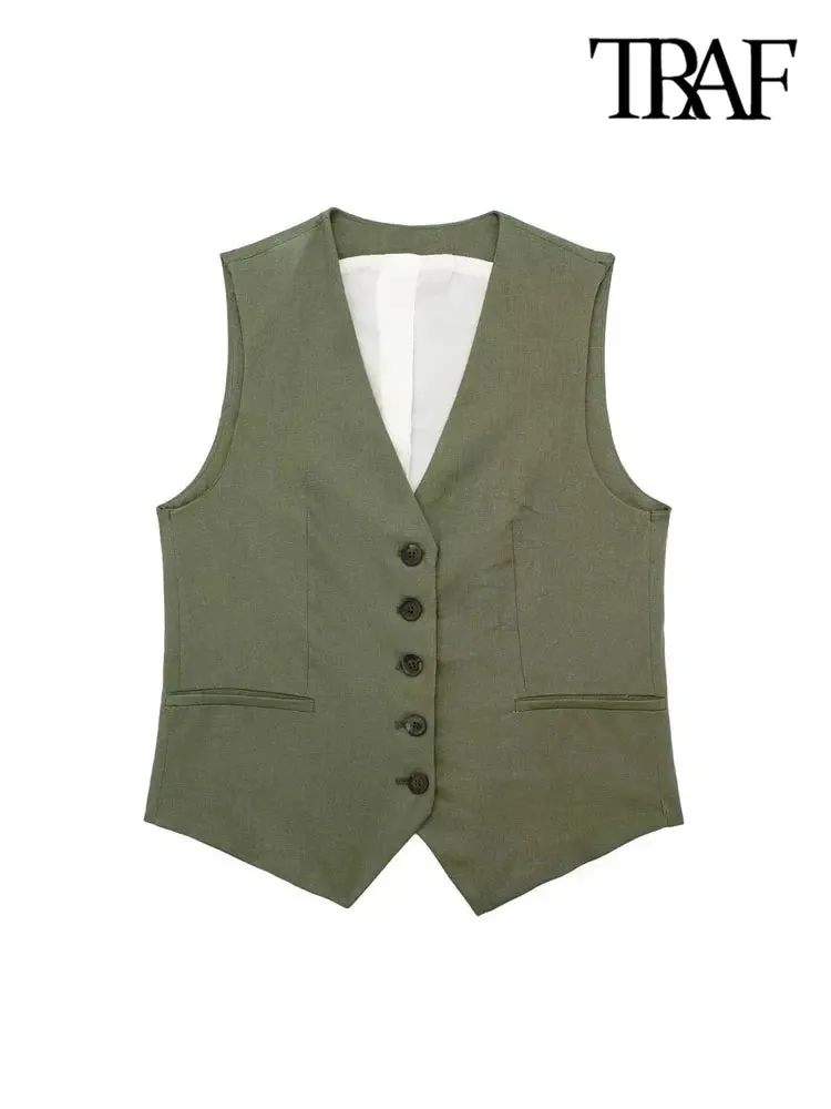 JazzHer Women Fashion Front Button Linen Waistcoat Vintage V Neck Sleeveless Female Outerwear Chic Vest Tops
