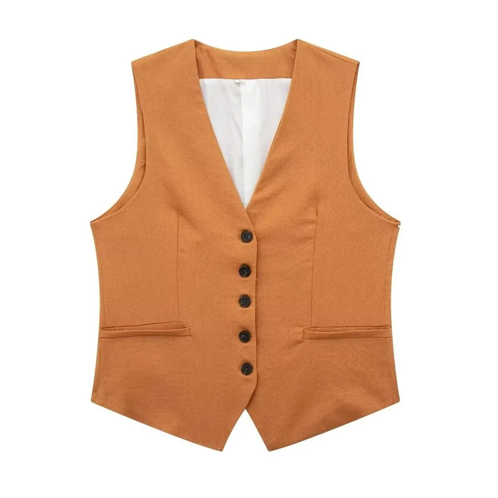 JazzHer Women Fashion Front Button Linen Waistcoat Vintage V Neck Sleeveless Female Outerwear Chic Vest Tops