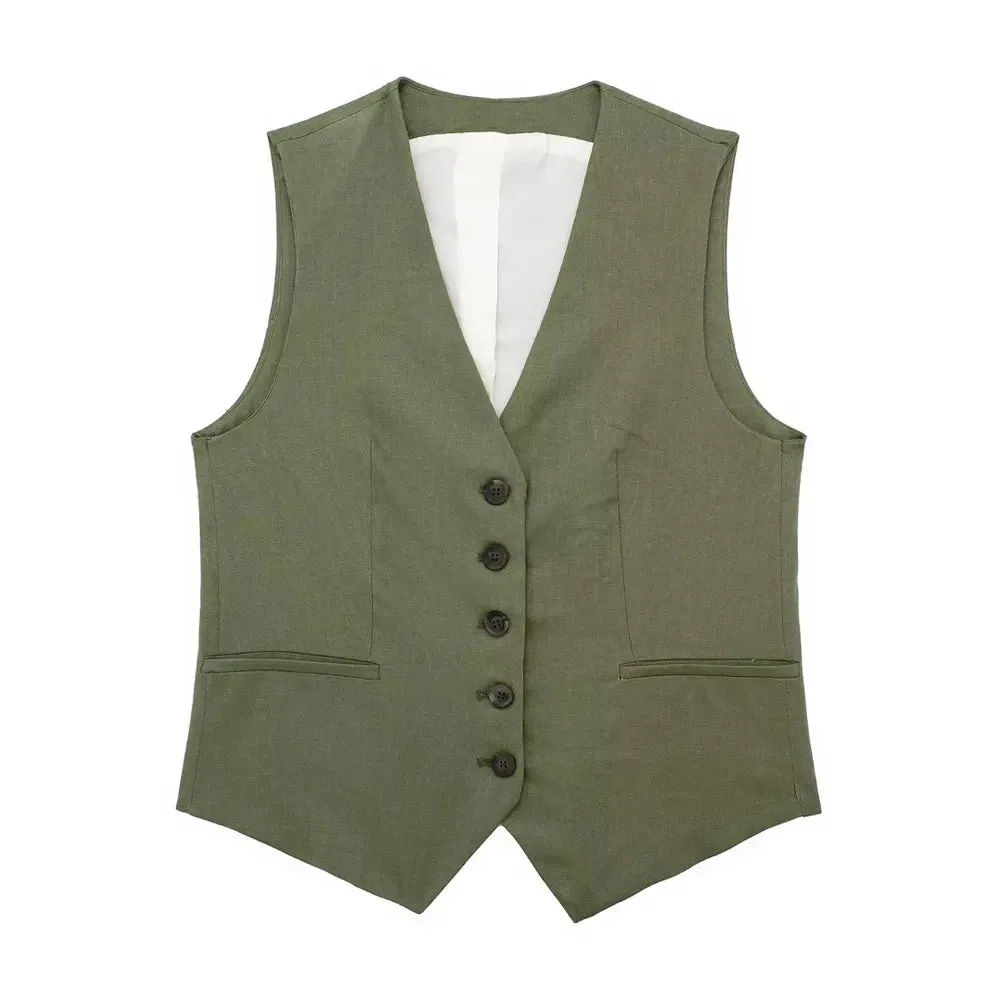 JazzHer Women Fashion Front Button Linen Waistcoat Vintage V Neck Sleeveless Female Outerwear Chic Vest Tops