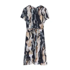 Knee-Length Floral Print Satin Dress with Stylish V-Neck