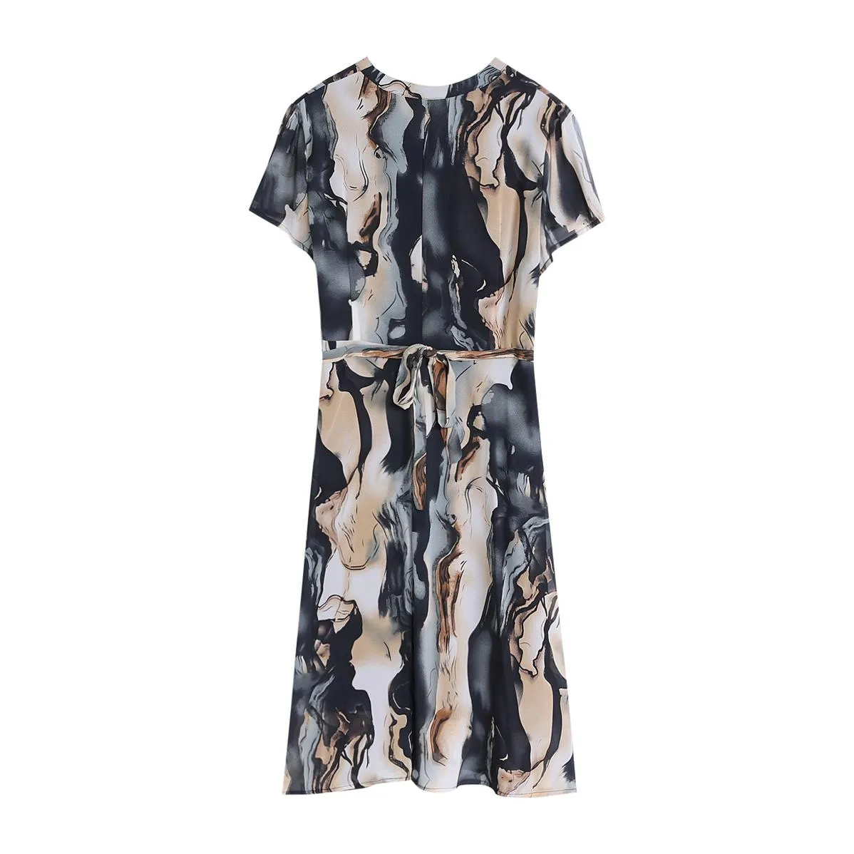 Knee-Length Floral Print Satin Dress with Stylish V-Neck