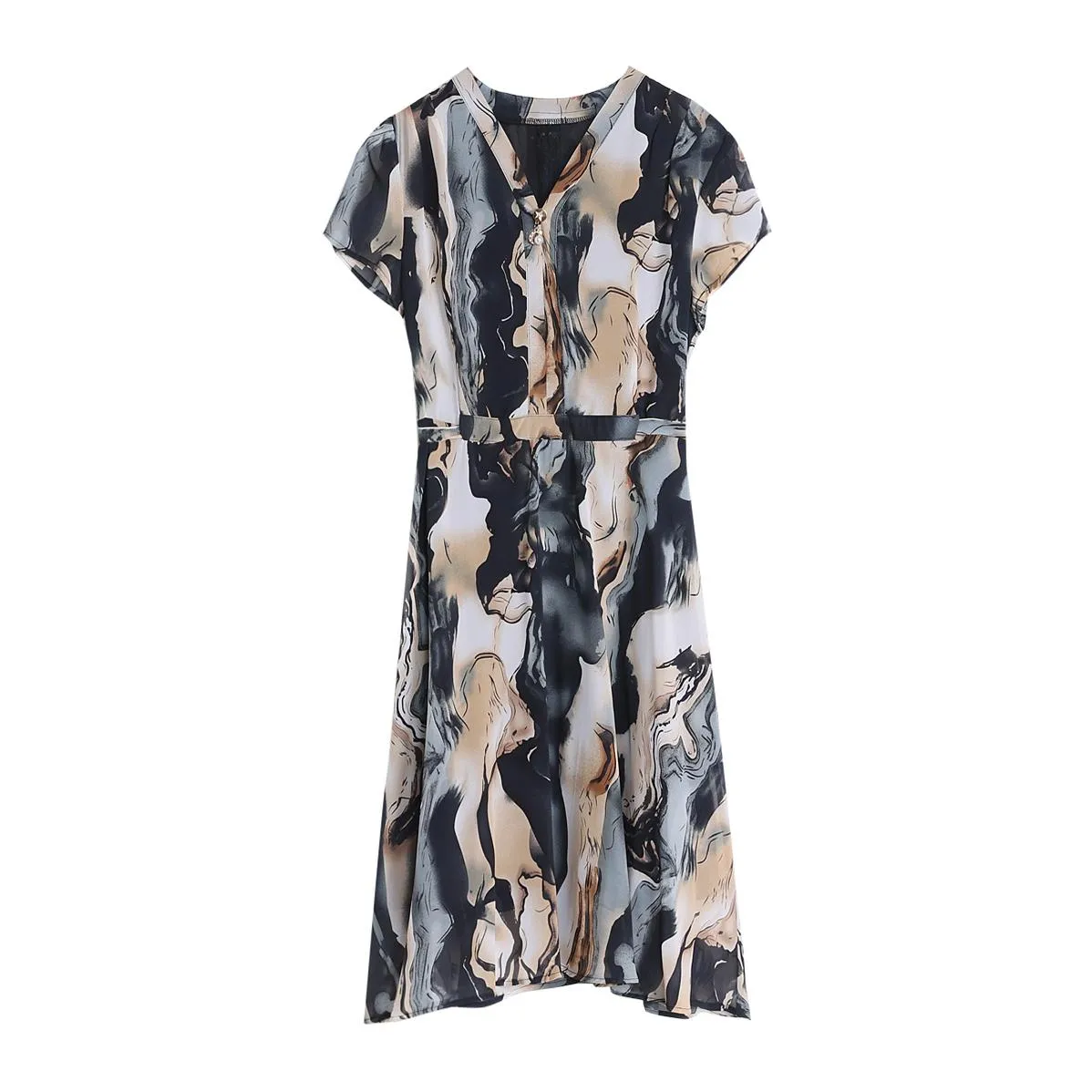 Knee-Length Floral Print Satin Dress with Stylish V-Neck