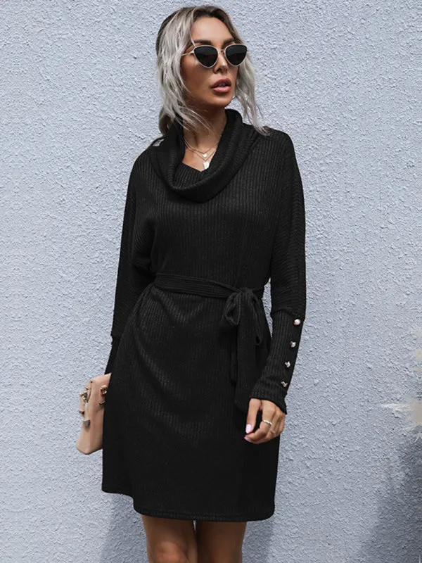 Knitted Sweater Dress with Pile Collar and Belted Waist