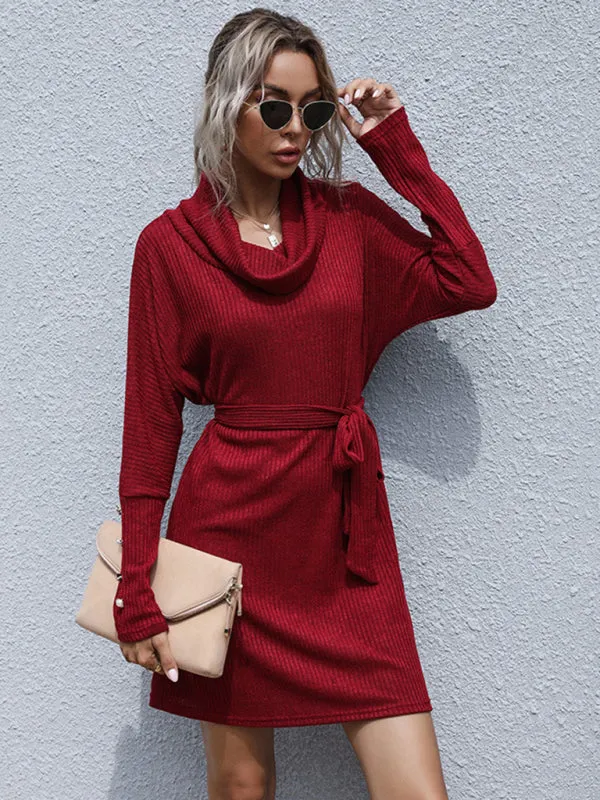 Knitted Sweater Dress with Pile Collar and Belted Waist