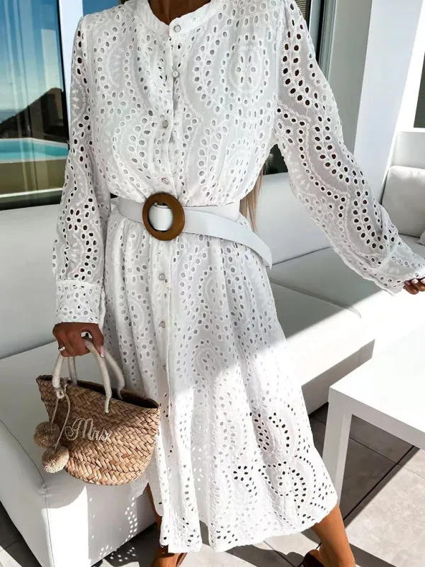 Lace Midi Dress with Eyelet Pattern and Belted Waist