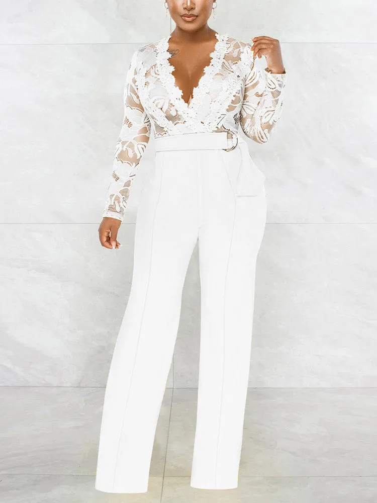 Lace V Neck Belt Jumpsuits