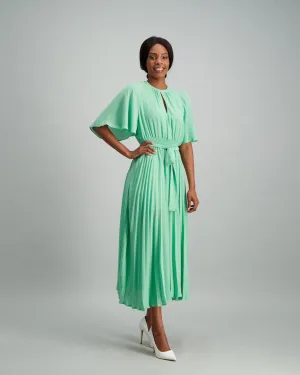 Ladies Pleated Flared Sleeve Midi Dress - Sage