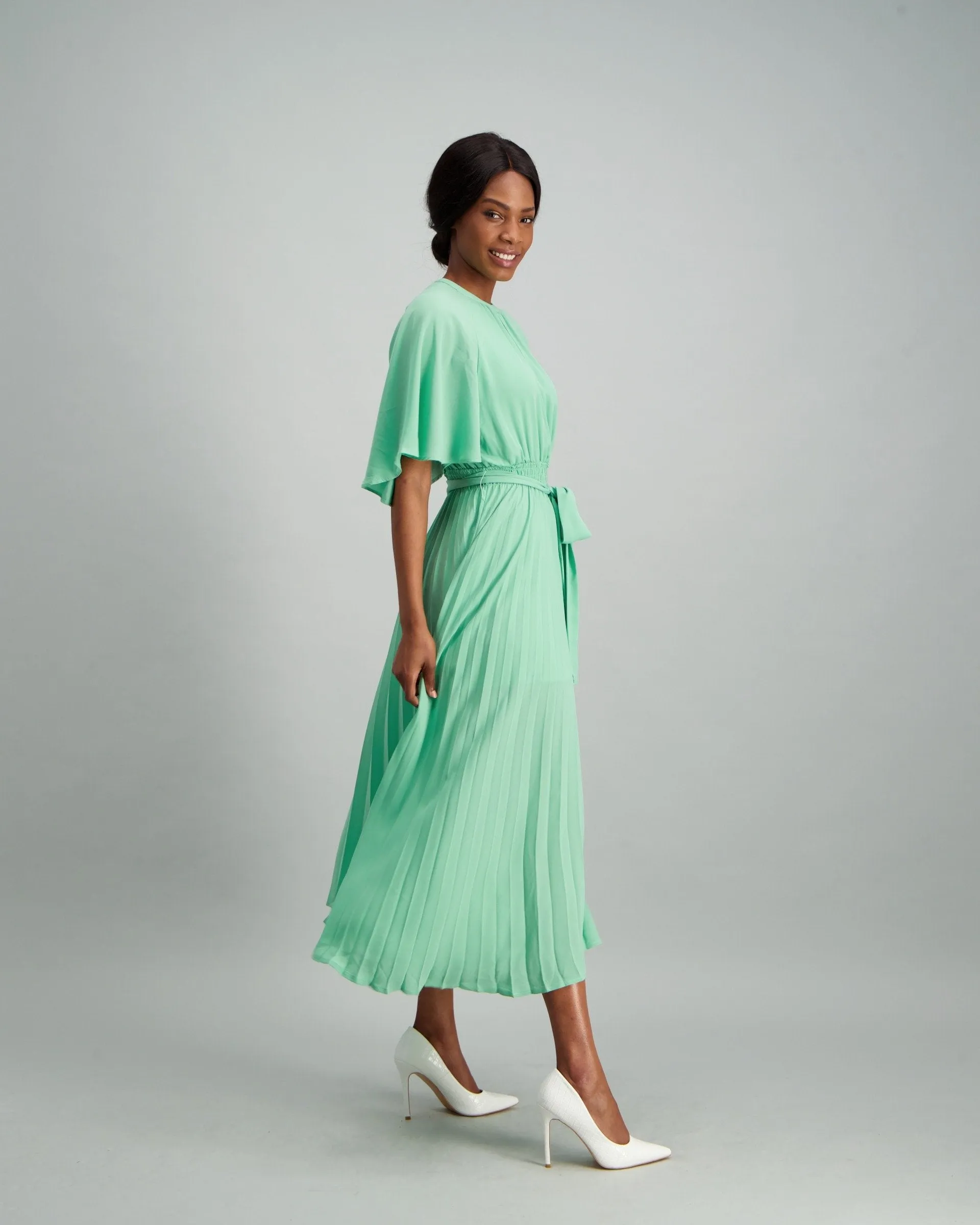 Ladies Pleated Flared Sleeve Midi Dress - Sage