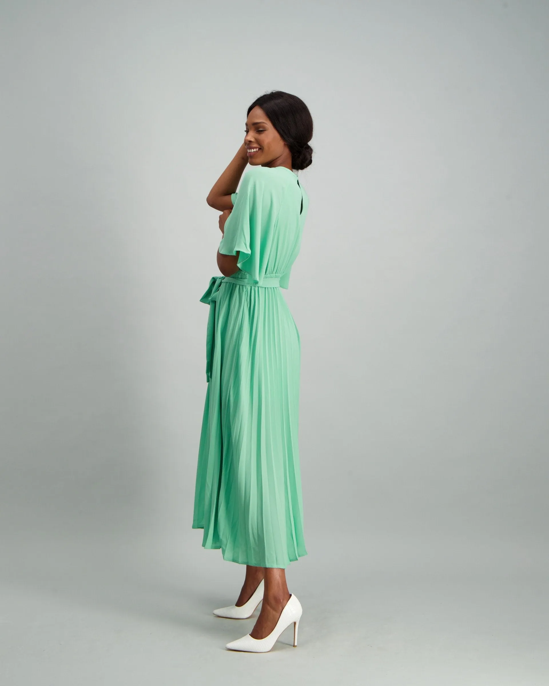 Ladies Pleated Flared Sleeve Midi Dress - Sage