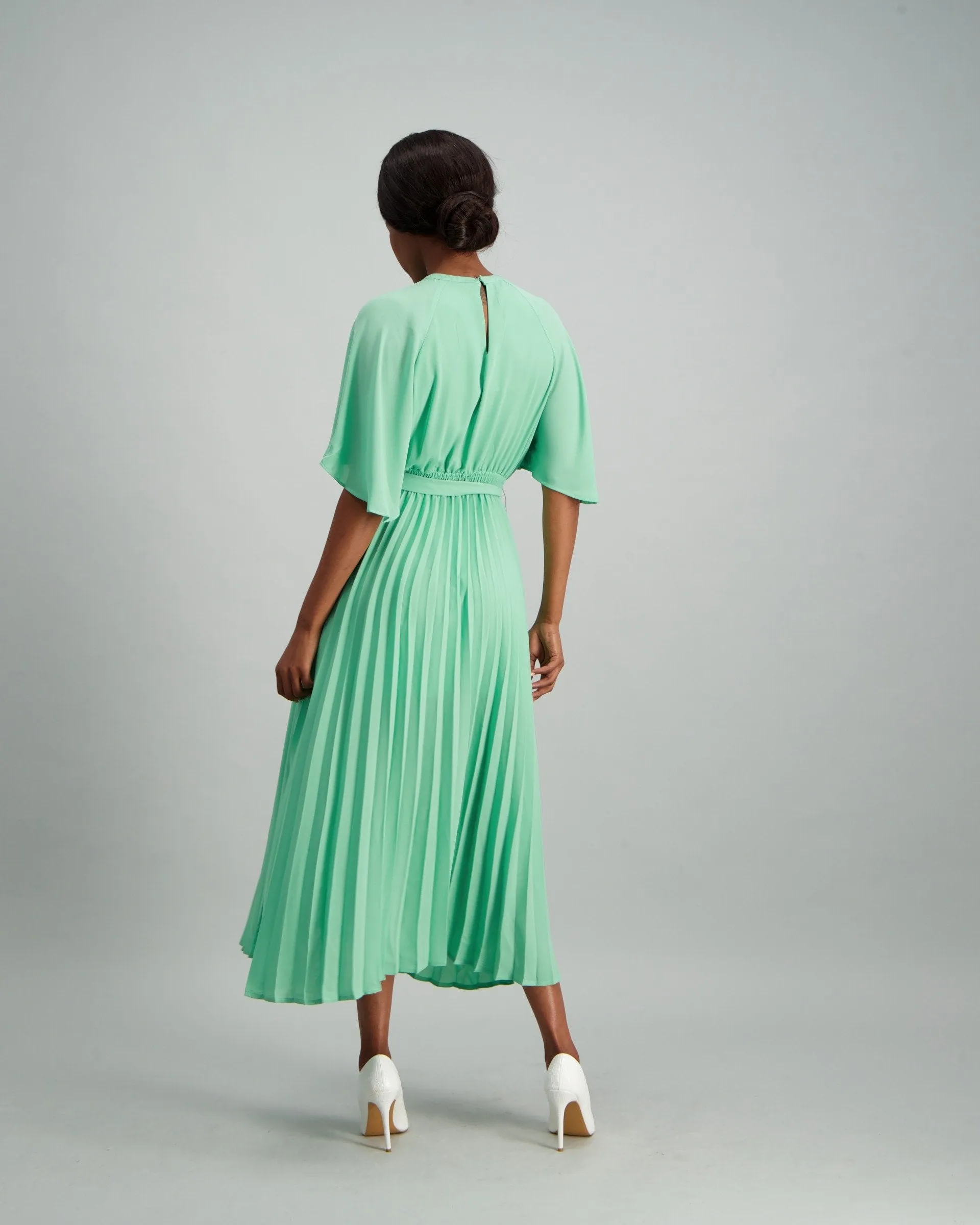 Ladies Pleated Flared Sleeve Midi Dress - Sage
