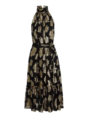 Laza Belted Metallic Fil Coupé Georgette Midi Dress