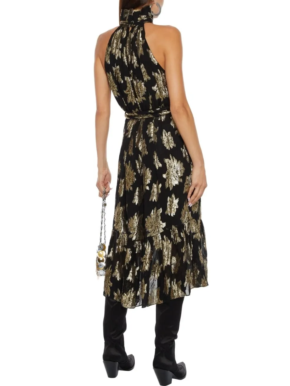Laza Belted Metallic Fil Coupé Georgette Midi Dress