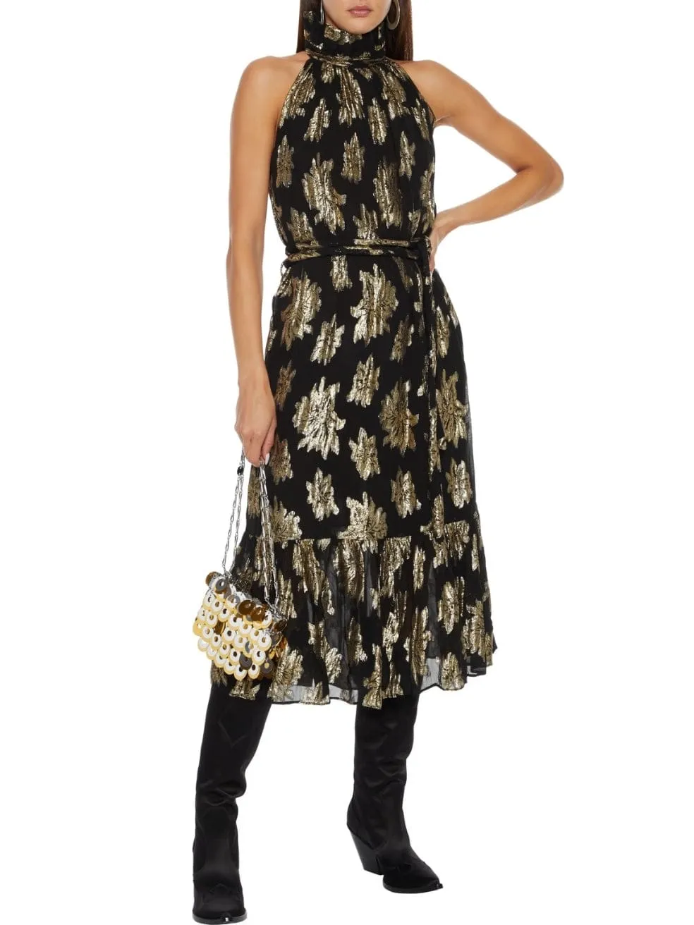 Laza Belted Metallic Fil Coupé Georgette Midi Dress