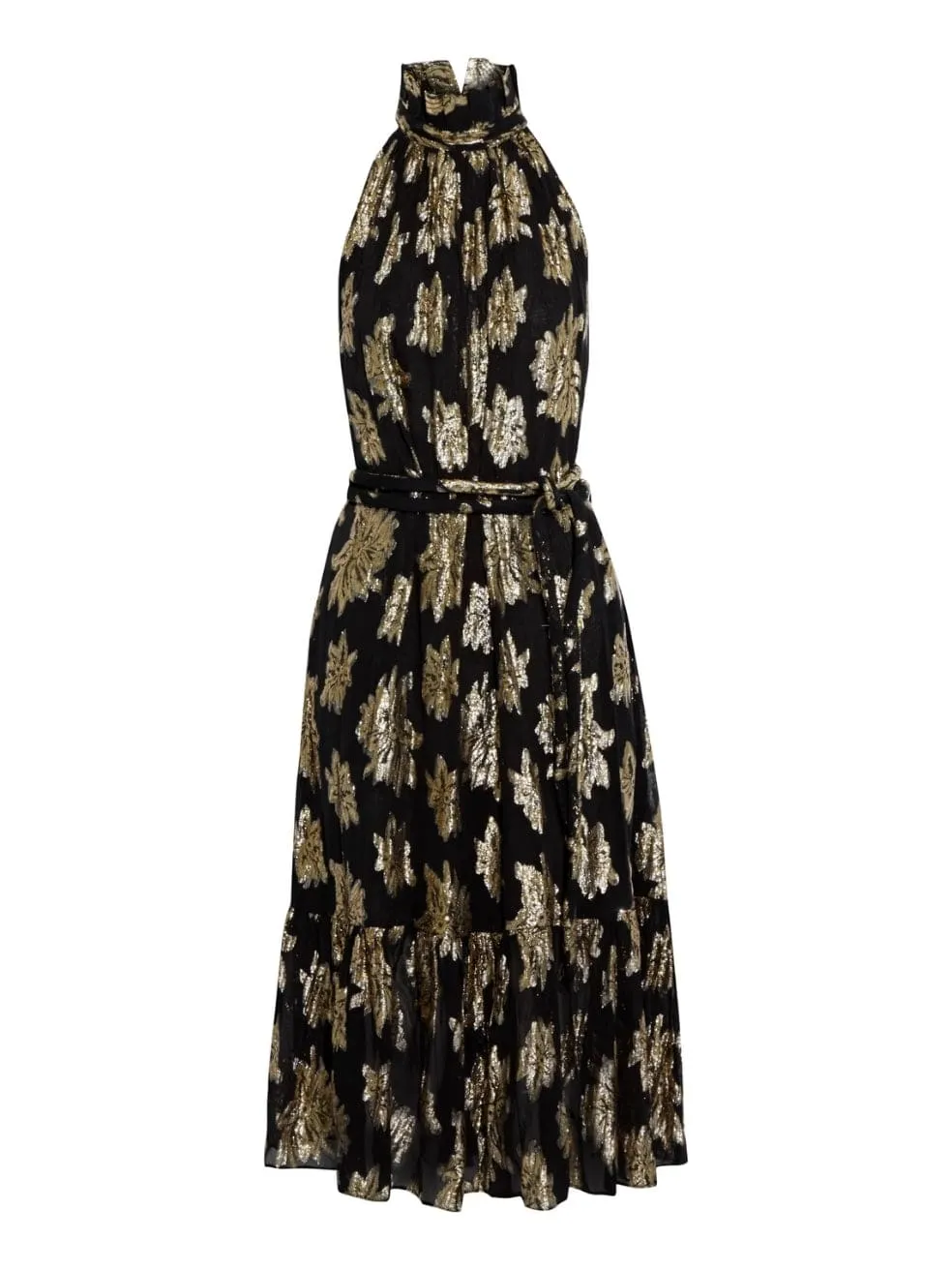 Laza Belted Metallic Fil Coupé Georgette Midi Dress