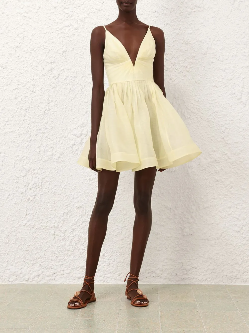 Lemon Silk-Linen V-Neck Mini Dress