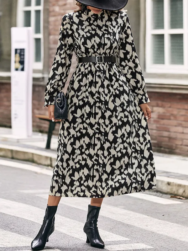 Leopard Print Midi Dress with Long Sleeves and Belted Waist