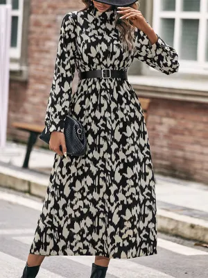 Leopard Print Midi Dress with Long Sleeves and Belted Waist