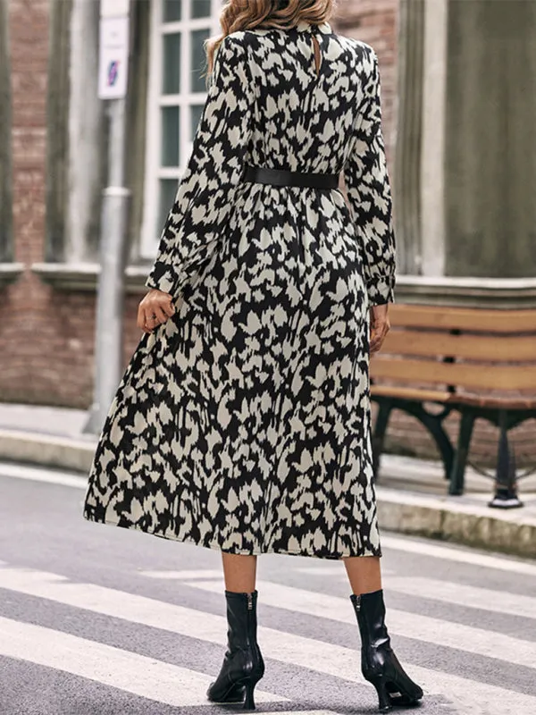 Leopard Print Midi Dress with Long Sleeves and Belted Waist