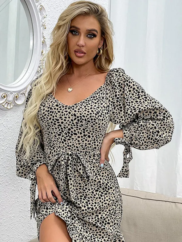 Leopard Print Mini Dress with Long Sleeves and Belted Waist