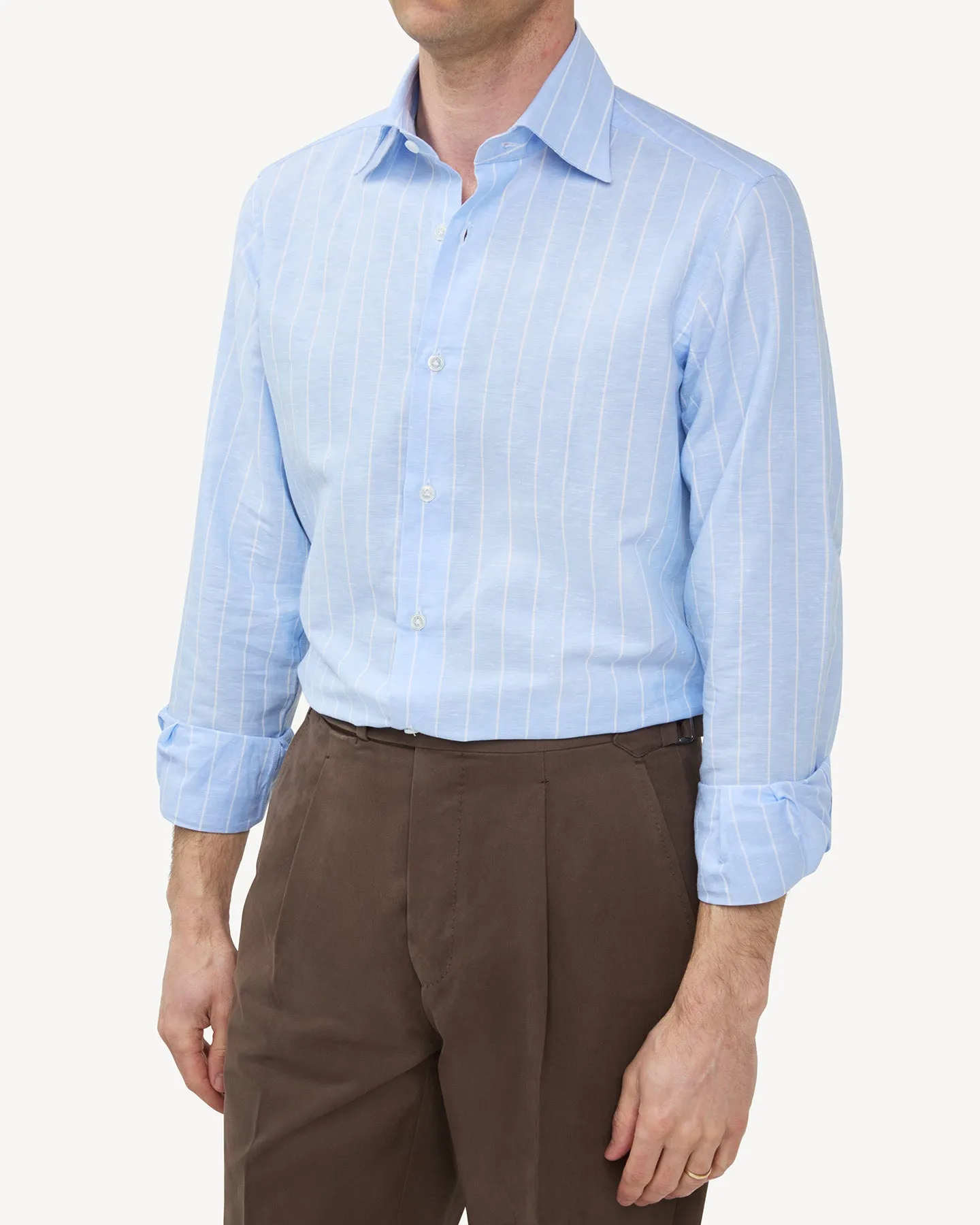 Light Blue Reverse Stripe Cotton Linen Spread Collar Shirt
