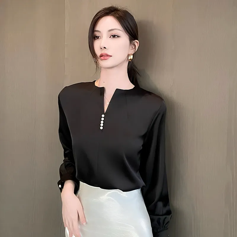 Long Sleeve Satin Blouse with a Versatile and Chic Design