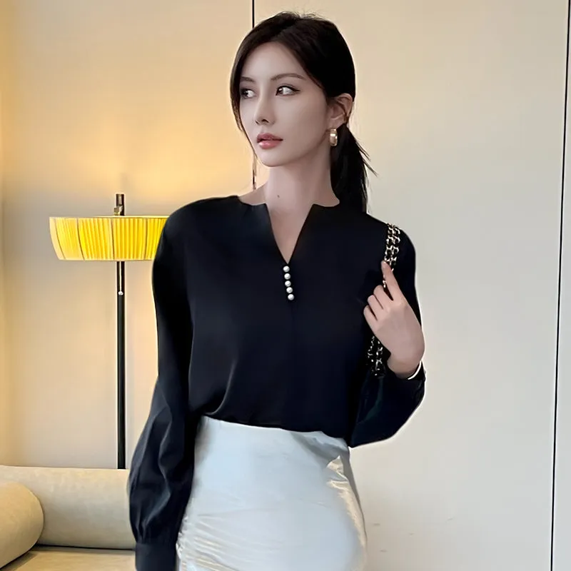 Long Sleeve Satin Blouse with a Versatile and Chic Design