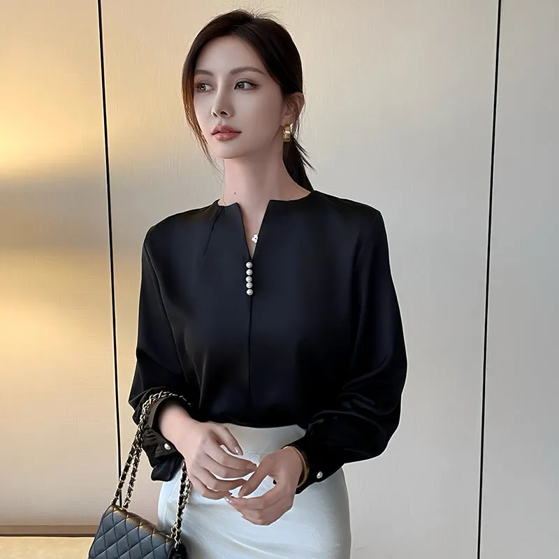 Long Sleeve Satin Blouse with a Versatile and Chic Design