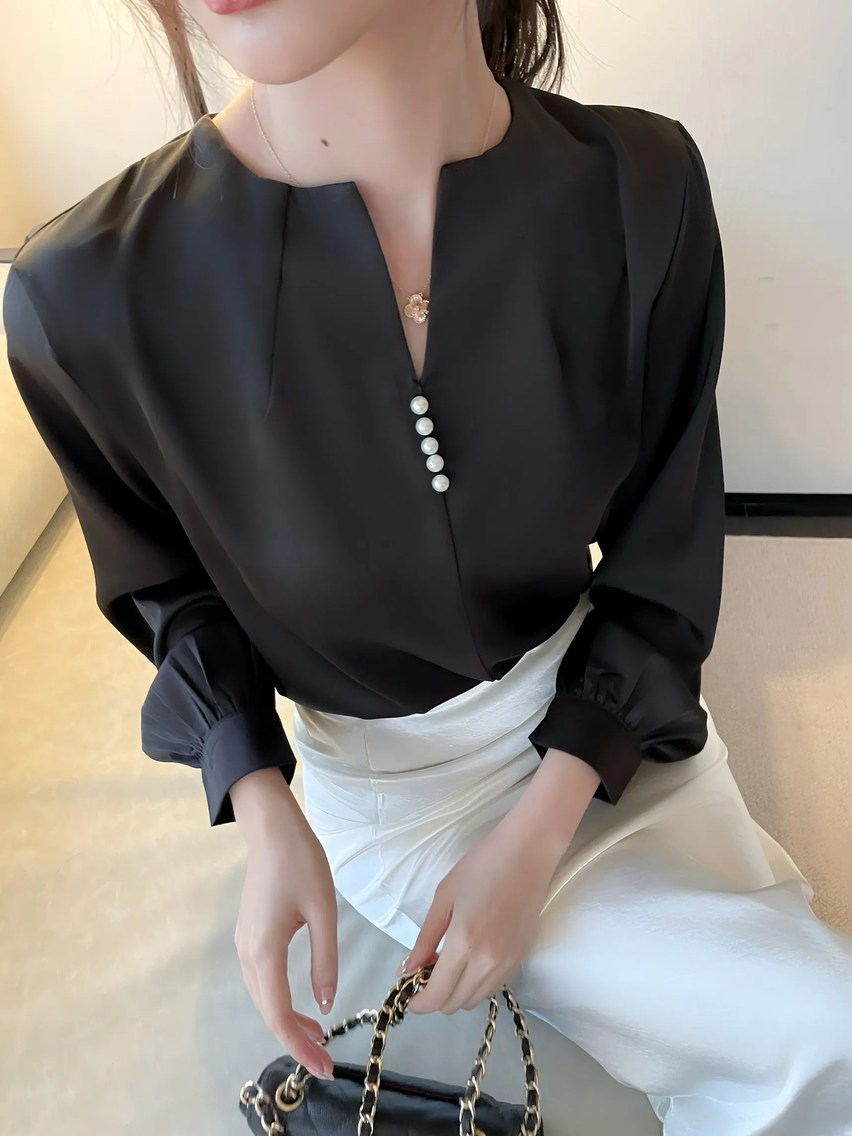 Long Sleeve Satin Blouse with a Versatile and Chic Design