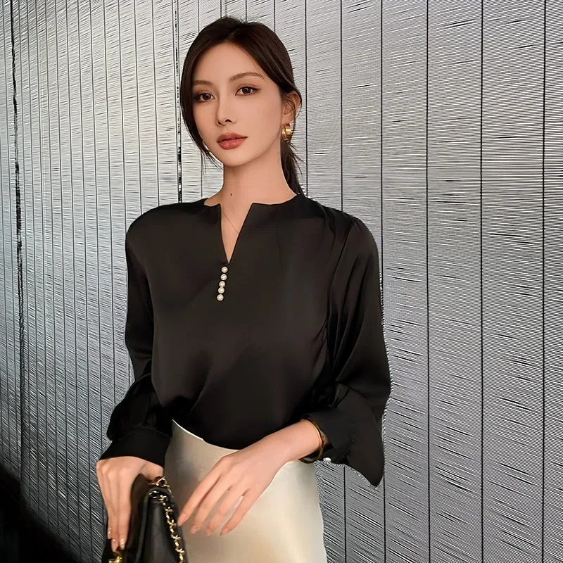 Long Sleeve Satin Blouse with a Versatile and Chic Design
