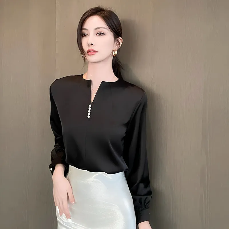 Long Sleeve Satin Blouse with a Versatile and Chic Design