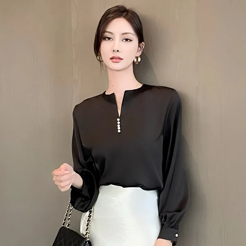 Long Sleeve Satin Blouse with a Versatile and Chic Design