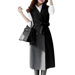 Long Vest Women Black Turn-down Collar Belt Double Workwear Waistcoat Outwear WWJ582