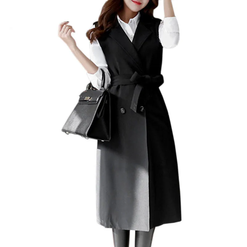Long Vest Women Black Turn-down Collar Belt Double Workwear Waistcoat Outwear WWJ582