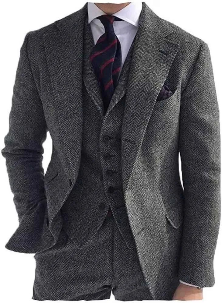 Men's Custom Grey Tweed Wool Three-Piece Suit | Slim Fit Wedding, Winter, Groom & Groomsmen Wear
